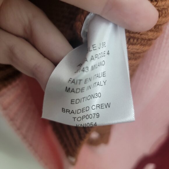 La DoubleJ Colorblock Braided Merino Wool Crew Sweater Pink Camel Medium NWT - Picture 7 of 8